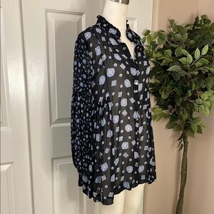 Free People Blue Long Sleeve Boxy Mini Dress with Mandarin Collar, Sheer, Navy